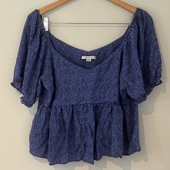 American Eagle Leopard Sweetheart Puff Sleeve Peplum Baby Doll Size Large - Picture 1 of 9